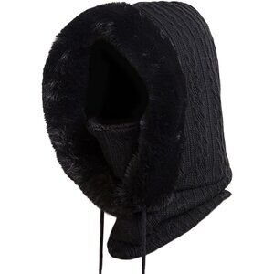 Women Black Polyester Warm Thick Fluff Beanie Adult Neck Face  Winter Balaclava